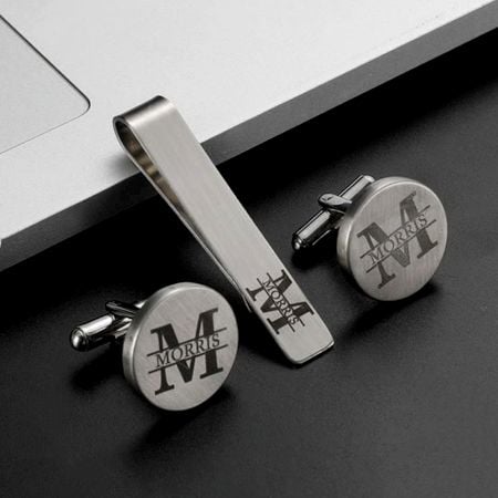 Handcrafted 925 Silver Personalized Cufflinks Tie Bar Set